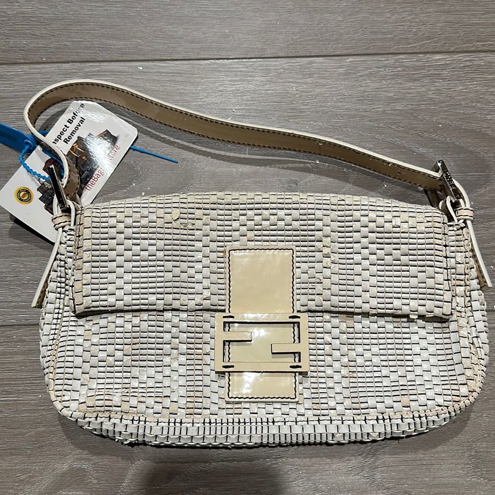 Fendi White Woven Baguette Shoulder Bag